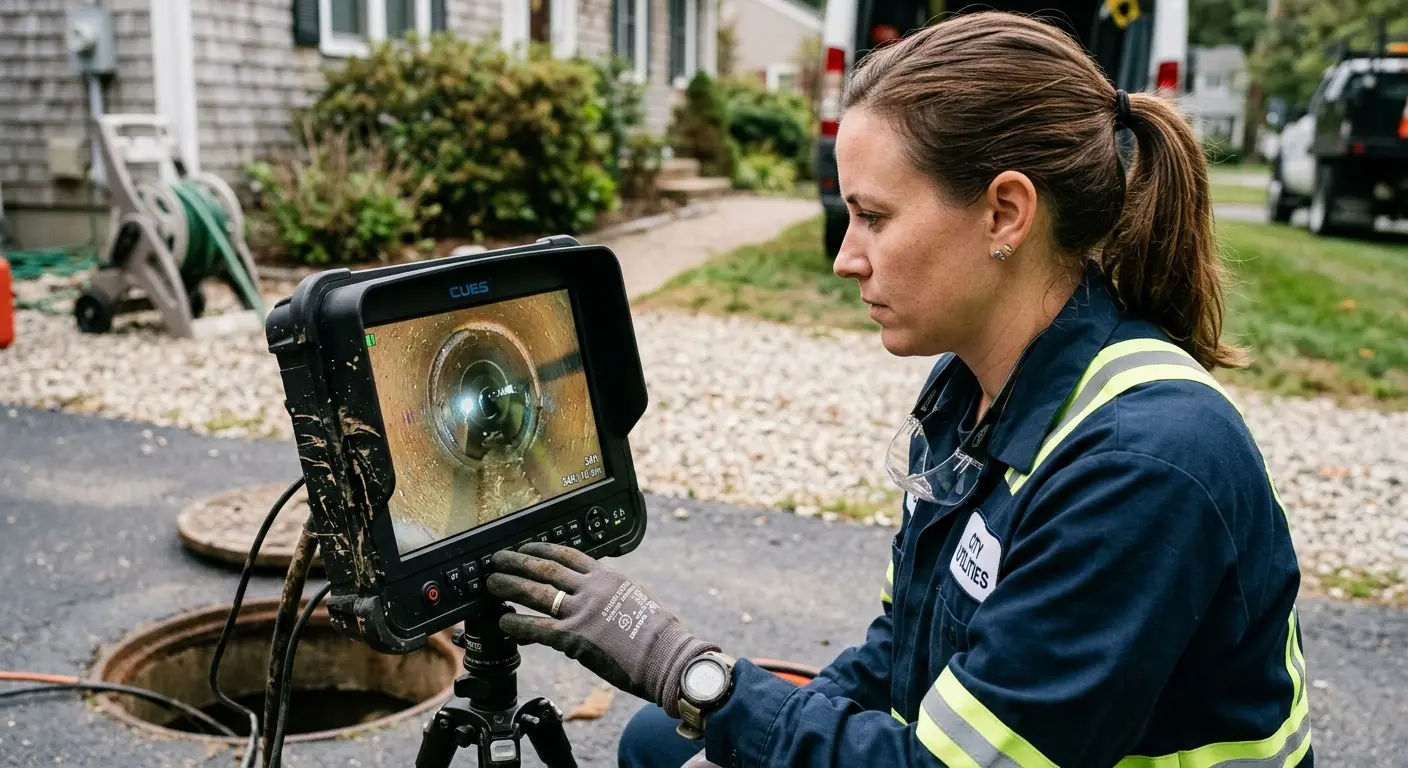 Technician reviewing sewer camera inspection footage in North Hempstead