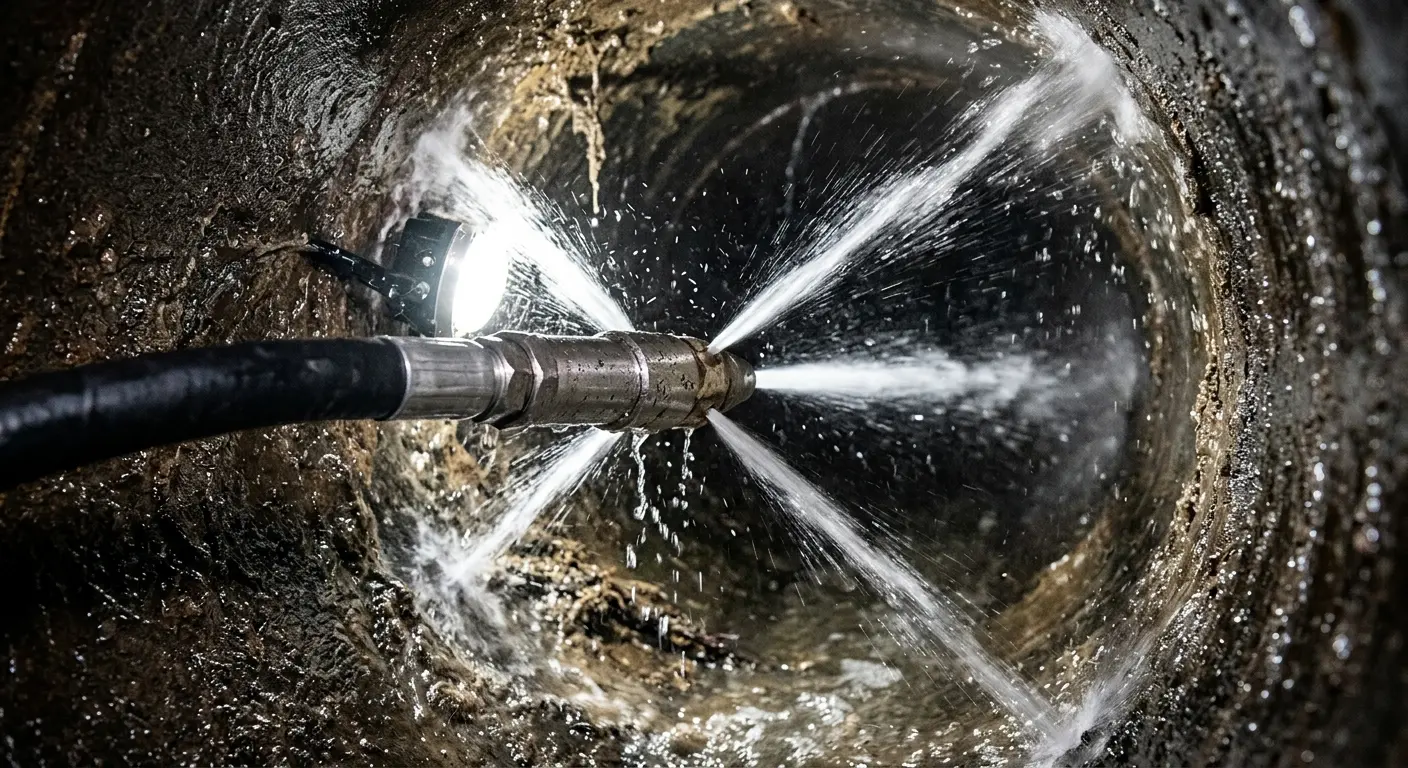 High-pressure hydro jetting nozzle cleaning sewer pipe for Trenchless Sewer Repair in North Hempstead
