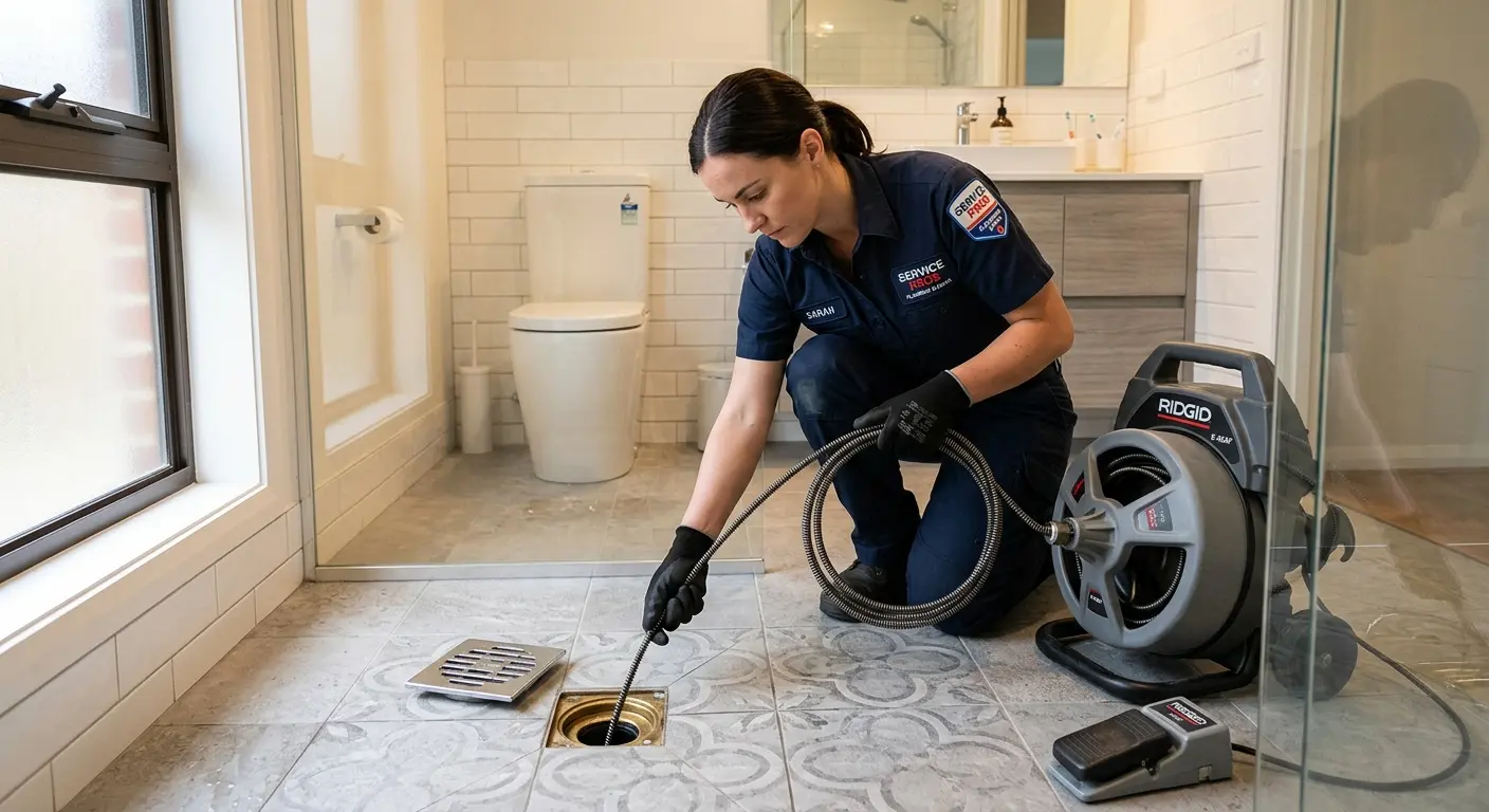 Technician clearing a bathroom floor drain for Drain Repair in North Hempstead